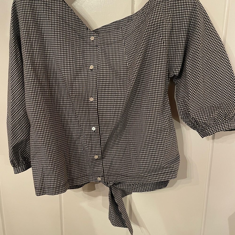 Frame Black and White Gingham Women's Asymmetrical Tie Back Top